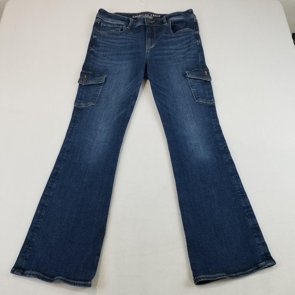 American Eagle Kick Boot Jeans Womens 12 Blue Dark Wash Mid Rise Stretch 32x30.5